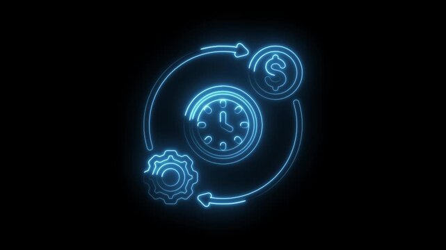 Neon glowing cycle of time money and gears symbolizing business efficiency productivity and... icon