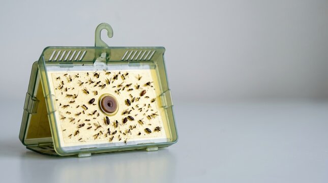 Close-up of a sticky insect trap full of dead flies