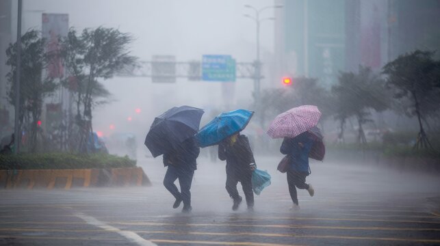 Typhoon storm rain wind pedestrians struggle walking weather extreme monsoon cyclone urban city street with people battling heavy rain and strong wind during severe typhoon landfall