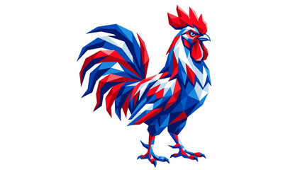 Vibrant geometric rooster mascot illustration featuring mosaic poly patterns in red and blue for sports branding © H-Studio