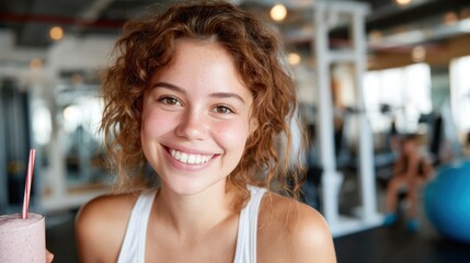Fototapeta premium A bright and cheerful young woman holding a refreshing smoothie in a gym setting, radiating joy and health while capturing the essence of fitness and well-being.