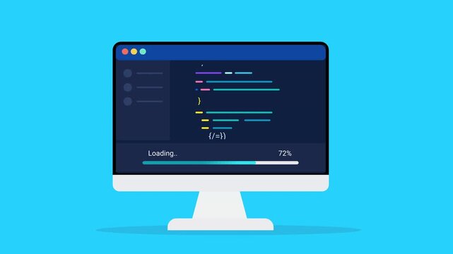 Animated flat vector illustration of a desktop monitor displaying source code, loading status, and progress tracking. Modern software development and programming workflow concept.
