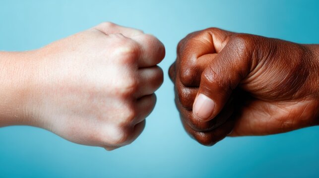 Two diverse hands, one light and one dark, fist-bump in a gesture of friendship and solidarity, symbolizing unity and the power of collaboration among people.