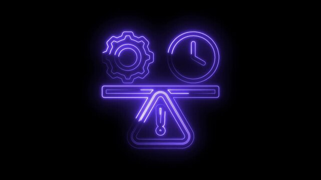 Neon balance scale with gear and clock icons symbolizing time management efficiency risk