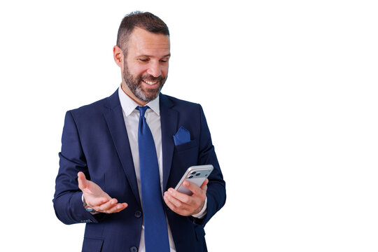 Happy businessman in suit smiling while looking at smartphone, communicating digital success, transparent background