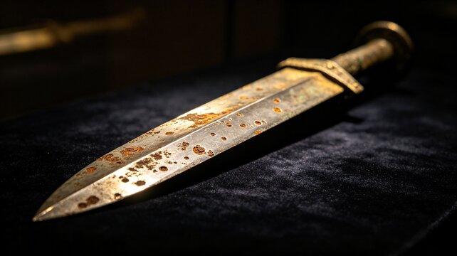 gladius. Ancient rust-pitted Roman gladius displayed on dark velvet, extreme close-up on the blade. event programs, museum guides, designed for cultural heritage projects and event programs.