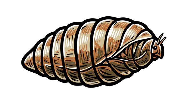 Hand drawn illustration of a brown segmented insect pupa or chrysalis on white background