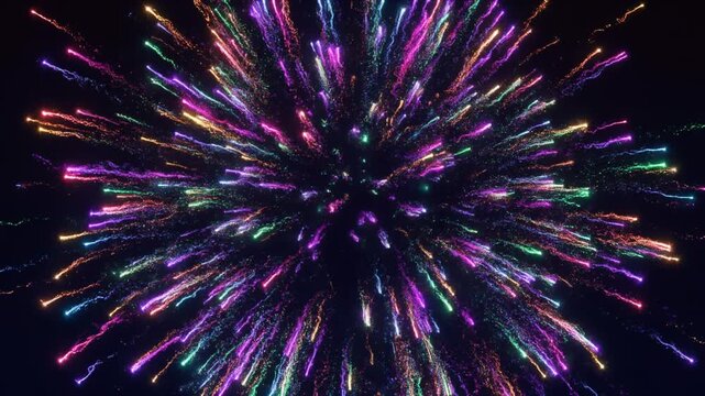 暗闇を背景に渦巻く多色の光の粒子で形成された輝く天体