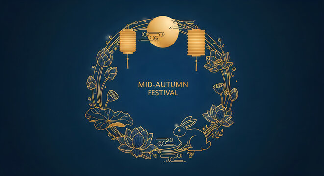 Minimalist mid autumn festival invitation card with golden lotus flowers and cute rabbit.