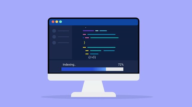 Animated flat vector illustration of a desktop monitor displaying source code, indexing status, and progress tracking. Modern software development and programming workflow concept.