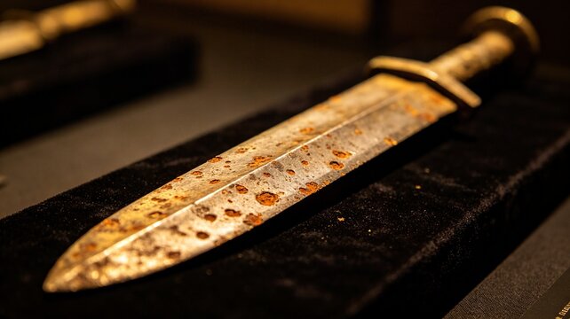 gladius. Ancient rust-pitted Roman gladius displayed on dark velvet, extreme close-up on the blade. event programs, museum guides, designed for cultural heritage projects and event programs.