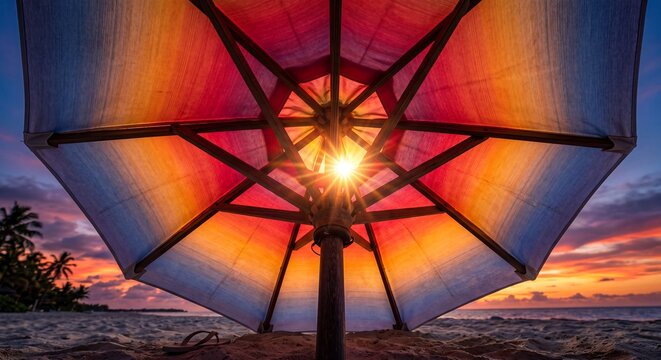 Sunburst Through Umbrella On Sandy Beach At Sunset With Palm Trees In The Background