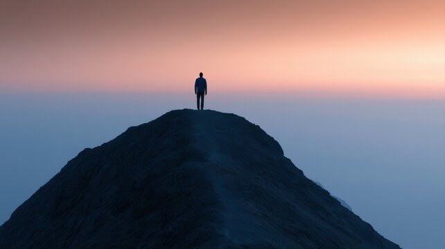 Silhouette of a person reaching the summit of a hiking trail at dawn, perseverance and success theme