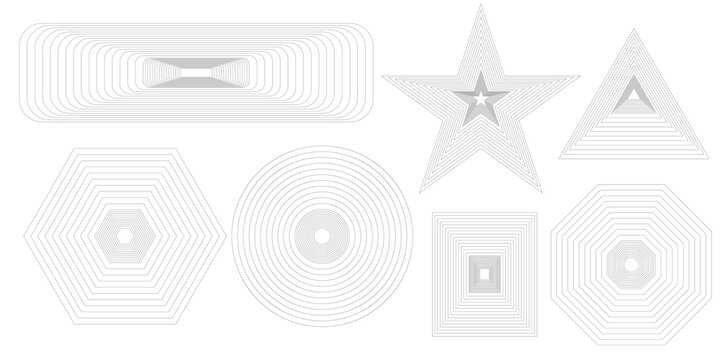 Abstract geometric monochrome line concentric shape vector illustration set. Simple linear nested star circle triangle square rectangle polygon collection, minimalist black radio wave frame element pa