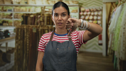 Fototapeta premium Woman in denim apron showing thumbs down with right hand and visible forearm among clothing racks in building; retail disapproval.
