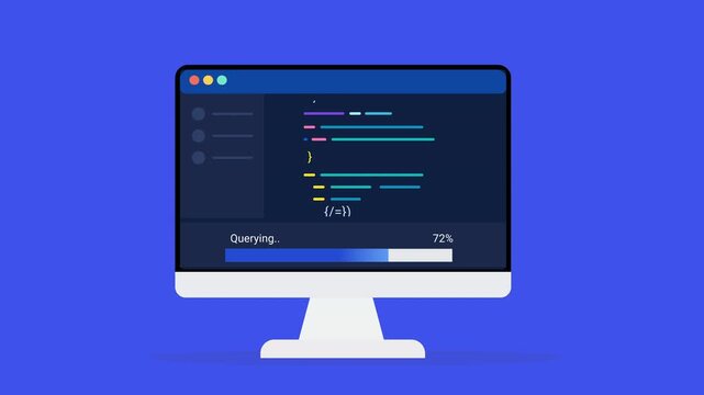 Animated flat vector illustration of a desktop monitor displaying source code, querying status, and progress tracking. Modern software development and database query workflow concept.