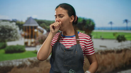 Fototapeta premium Woman in denim apron and red white striped shirt coughs into hand against a building facade by a park, holding a small whisk; illness concern.