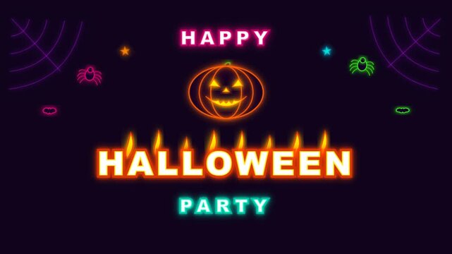 Vibrant Neon Happy Halloween Party Motion Graphic Background Featuring a Glowing Orange Jack-O-Lantern, Spiders, and Colorful Spider Webs on a Dark Festive Backdrop.