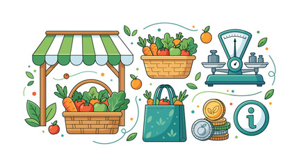Obraz premium Farmers market stall with fresh produce and shopping bag