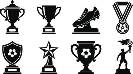 Fototapeta premium Football Award Icon Set Featuring Trophy Cup Medal Cleat Shield Badge Star Statue and Champion Symbols Vector