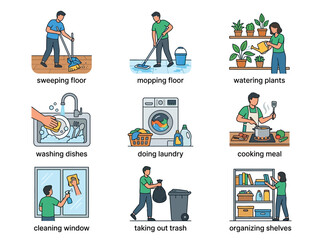 Fototapeta premium Flat vector icon set of household daily activities: sweeping floor, mopping floor, watering plants, washing dishes, doing laundry, cooking meal, cleaning window, taking out trash, organizing shelves