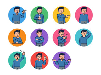 Fototapeta premium Flat vector icon set of human gestures: waving hand, thumbs up, pointing finger, hand on chin thinking pose, arms crossed standing pose, clapping hands, raised hand asking question