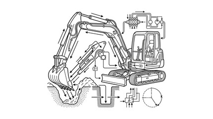 Hydraulic excavator digging mechanism and system diagram © MULYONO