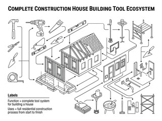 Obraz premium Isometric house construction tool ecosystem line art illustration.