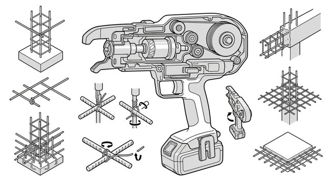 Isometric assembly of handheld rebar tying equipment parts.