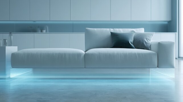 A futuristic smart home interior controlled by holographic AI interfaces and ambient luxury lighting