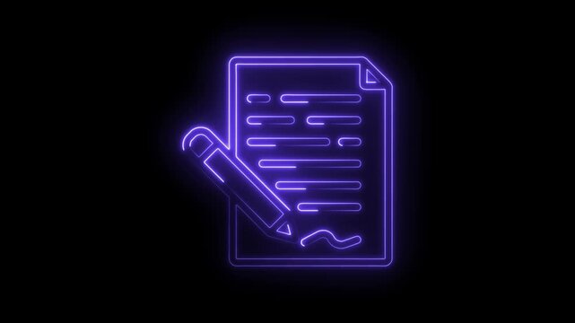 Neon purple glowing icon of a document with lines and a pencil signing a wavy line on a black