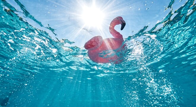 Underwater view of a pink flamingo float in clear turquoise water under bright sunny sky
