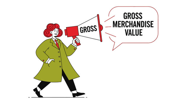 Illustration of person shouting into megaphone with gross merchandise value text.
