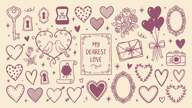 Romantic hand-drawn purple love illustrations with hearts keys roses and My Dearest Love text on beige background