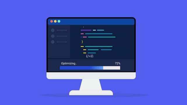 Animated flat vector illustration of a desktop monitor displaying source code, optimization status, and progress tracking. Modern software development and performance improvement workflow concept.