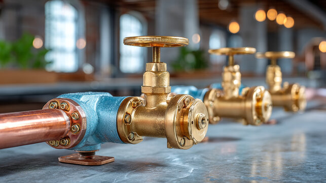 Industrial brass valves and copper pipes in modern facility with plumbing