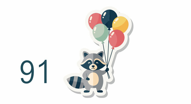 Cute Raccoon Holding Colorful Balloons, Number 91, Birthday Celebration