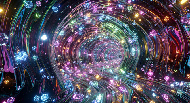 Abstract Sci-Fi Portal Tunnel with Crystal Particles and Rainbow Swirls
