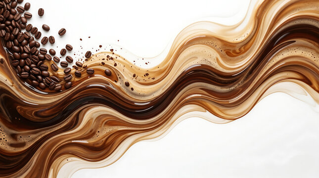 Dynamic abstract background with coffee beans and swirling brown liquid patterns on a white surface.