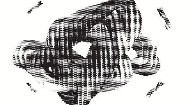 Black and white abstract halftone dot swirl forming dynamic wave pattern with twisting fluid motion and illusion of depth