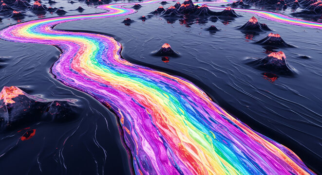 Surreal Rainbow River Flowing Through Volcanic Landscape