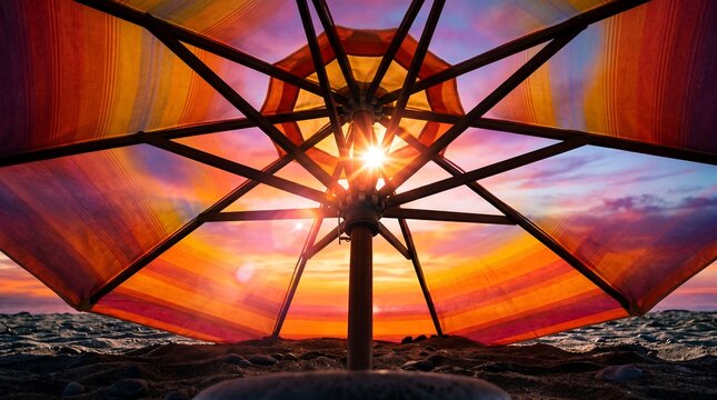 Low angle view of a vibrant umbrella against a fiery sunset over the ocean