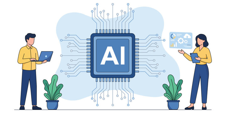 AI Chip Technology: A visual representation of artificial intelligence, featuring a central AI chip with circuit pathways connecting to two individuals interacting with technology.