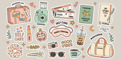 Travel and Self-Care Aesthetic Collection: A vibrant and charming collection of stickers and illustrations depicting items essential for travel and personal well-being, including luggage, passports. © Gwith Boss