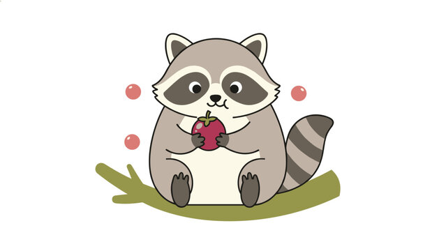 Adorable raccoon sitting on a tree branch while munching on a fresh purple fruit surrounded by floating bubbles in a cute cartoon style.