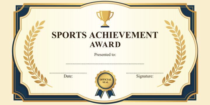 Sports Achievement Award Certificate: An elegant certificate designed to honor athletic accomplishments, featuring a golden trophy icon, laurel wreaths, and space for recipient details, date.