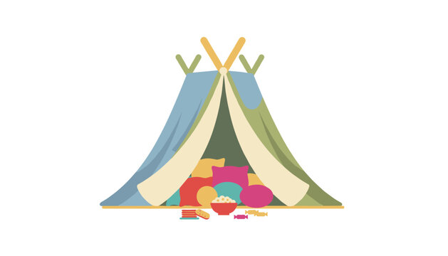 Comfortable indoor tent filled with colorful pillows and snacks for a relaxing and cozy hangout space for kids or friends.