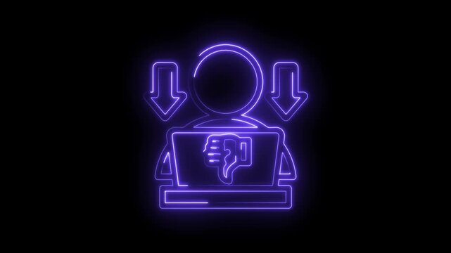 Neon outline icon of a person with a laptop displaying a thumbs down symbol with downward arrows
