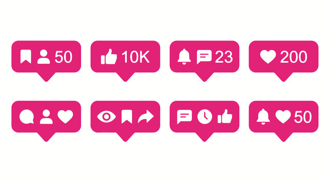 Pink social media notification icons with speech bubble design and engagement metrics