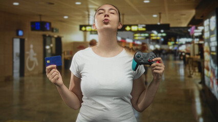 Woman in white tshirt holds turquoise gamepad and blue creditcard, presents card while smiling and showing braces in airport  travel joy. © Krakenimages.com